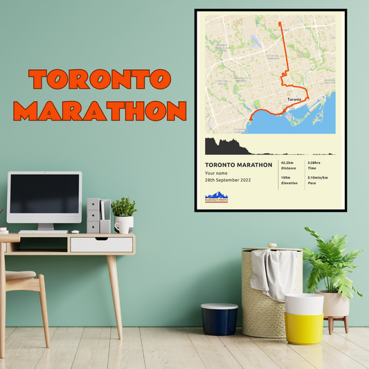 Personalised Toronto Marathon route poster with custom runner's name and time, printed on high-quality paper, ideal as a gift for runners