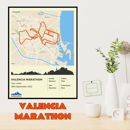 Personalised Valencia Marathon route poster with custom runner's name and time, printed on high-quality paper, ideal as a gift for runners