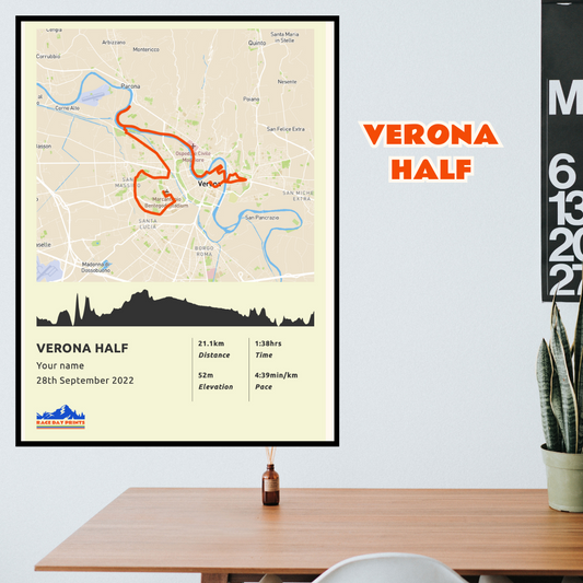 Personalised Verona Half Marathon route poster with custom runner's name and time, printed on high-quality paper, ideal as a gift for runners