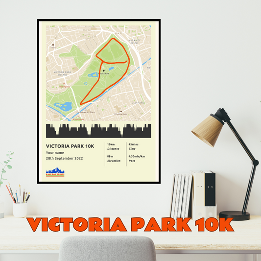 Personalised Victoria Park 10k route poster with custom runner's name and time, printed on high-quality paper, ideal as a gift for runners