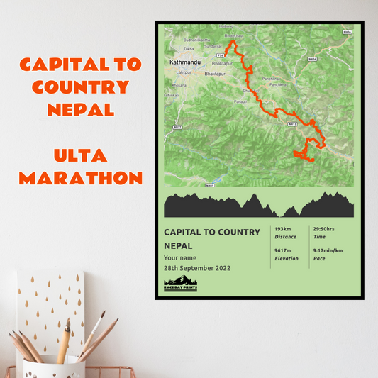 Personalised Capital To Country Nepal Ultra Marathon route poster with custom runner's name and time, printed on high-quality paper, ideal as a gift for runners