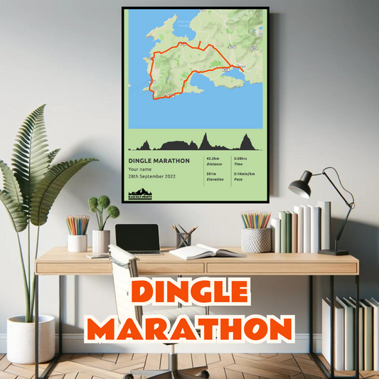 Personalised Dingle Marathon route poster with custom runner's name and time, printed on high-quality paper, ideal as a gift for runners