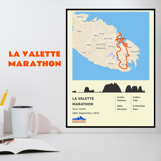 Personalised La Valette Marathon route poster with custom runner's name and time, printed on high-quality paper, ideal as a gift for runners