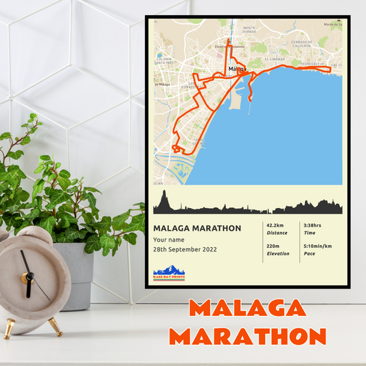 Personalised Malaga Marathon route poster with custom runner's name and time, printed on high-quality paper, ideal as a gift for runners