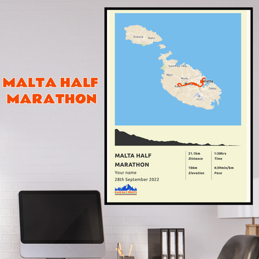 Personalised Malta Half Marathon route poster with custom runner's name and time, printed on high-quality paper, ideal as a gift for runners