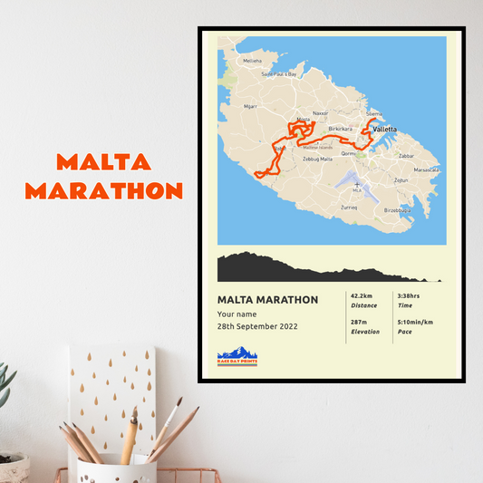 Personalised Malta Marathon route poster with custom runner's name and time, printed on high-quality paper, ideal as a gift for runners