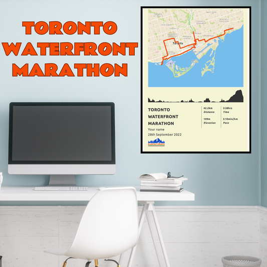 Personalised Toronto Waterfront Marathon route poster with custom runner's name and time, printed on high-quality paper, ideal as a gift for runners