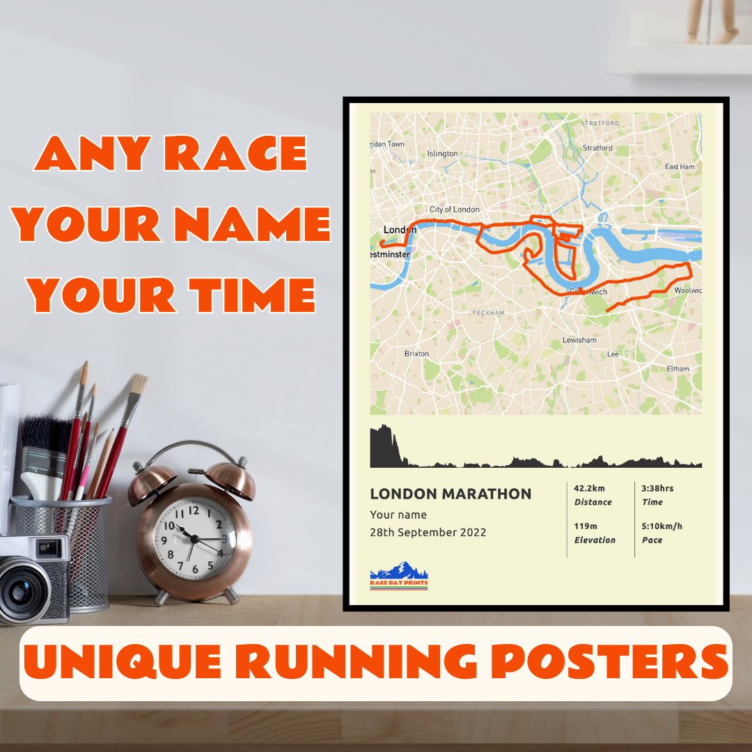 Personalised London Marathon route poster with custom runner's name and time, printed on high-quality paper, ideal as a gift for runners