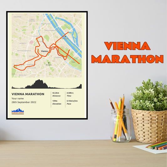 Personalised Vienna Marathon route poster with custom runner's name and time, printed on high-quality paper, ideal as a gift for runners