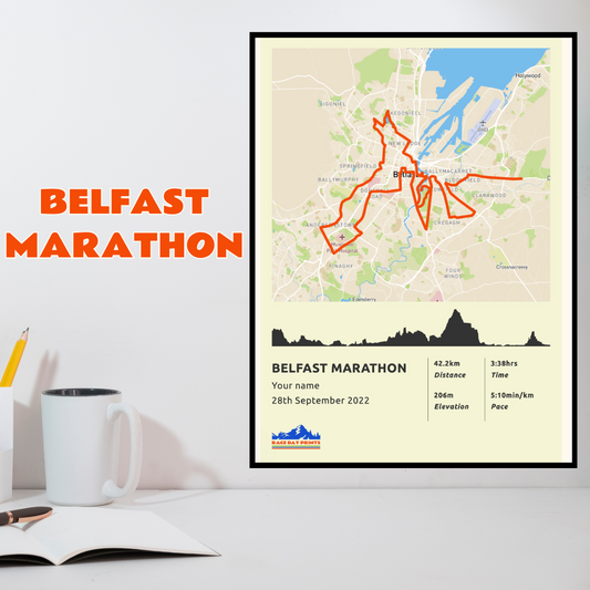 Personalised Belfast Marathon route poster with custom runner's name and time, printed on high-quality paper, ideal as a gift for runners