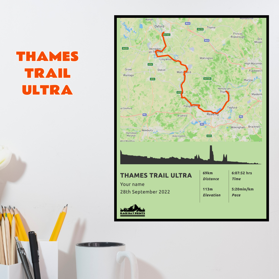 Personalised Thames Trail Ultra Marathon route poster with custom runner's name and time, printed on high-quality paper, ideal as a gift for runners