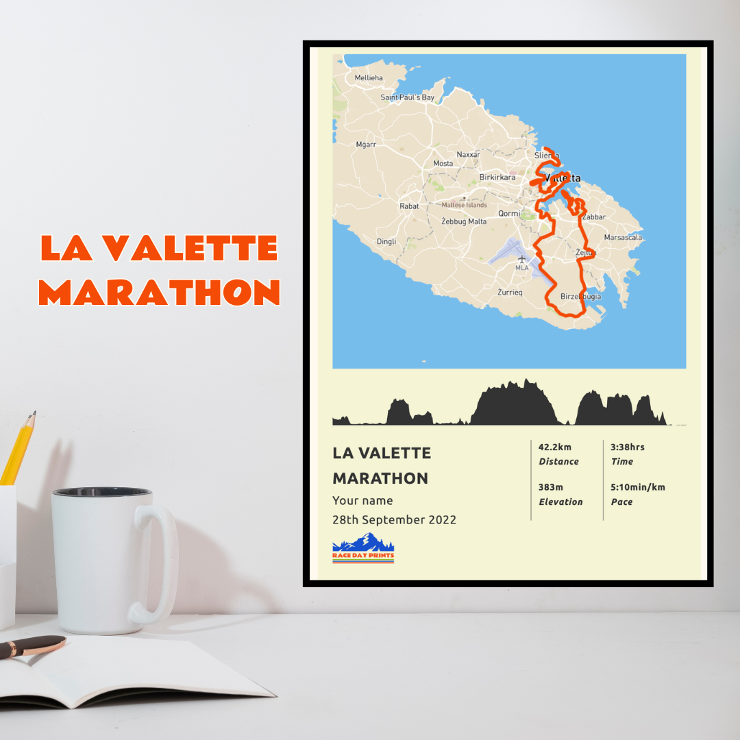 Personalised La Valette Marathon route poster with custom runner's name and time, printed on high-quality paper, ideal as a gift for runners